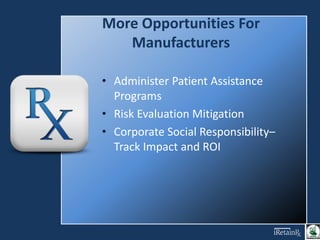 • Administer Patient Assistance
Programs
• Risk Evaluation Mitigation
• Corporate Social Responsibility–
Track Impact and ROI
More Opportunities For
Manufacturers
 