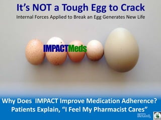 Confidential- Socially Relevant Inc.
Why Does IMPACT Improve Medication Adherence?
Patients Explain, “I Feel My Pharmacist Cares”
IMPACTMeds
It’s NOT a Tough Egg to Crack
Internal Forces Applied to Break an Egg Generates New Life
 