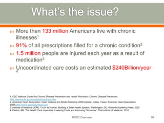  More than 133 million Americans live with chronic
illnesses1
 91% of all prescriptions filled for a chronic condition2
 1.5 million people are injured each year as a result of
medication3
 Uncoordinated care costs an estimated $240Billion/year
4
99
1. CDC National Center for Chronic Disease Prevention and Health Promotion: Chronic Disease Prevention
http://www.cdc.gov/nccdphp/overview.htm
2. American Heart Association. Heart Disease and Stroke Statistics–2008 Update. Dallas, Texas: American Heart Association;
2008.http://www.americanheart.org
3. Institute of Medicine (IOM), To Err Is Human: Building a Safer Health System, Washington, DC: National Academy Press; 2000
4. Owens, MK “The Health Care imperative: Lowering Costs and Improving Outcomes”, The Institute of Medicine, 2010
PSPC Overview
 