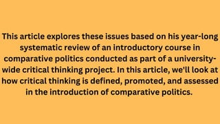 This article explores these issues based on his year-long
systematic review of an introductory course in
comparative polit...