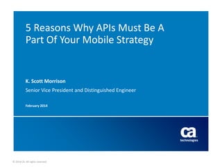 5 Reasons Why APIs Must Be A
Part Of Your Mobile Strategy

K. Scott Morrison
Senior Vice President and Distinguished Engineer
February 2014

© 2014 CA. All rights reserved.

 