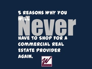 Never
5 Reasons Why You
Will
Have to Shop for a
Commercial Real
Estate Provider
Again.
 