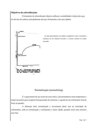 Objetivos da esferoidização: 
O tratamento de esferoidização objetiva melhorar a usinabilidade e dureza dos aços 
de alto teor de carbono, principalmente dos aços ferramentas e dos aços rápidos. 
Ao lado apresentamos um gráfico comparativo entre a resistência 
mecânica de um material recozido e o mesmo material no estado 
encruado. 
Normalização (normalizing) 
É o aquecimento do aço acima da zona crítica, com permanência nesta temperatura o 
tempo necessário para completa homogenização da Austenita, e seguido de um resfriamento fora do 
forno (ar parado). 
A diferença entre normalização e recozimento pleno está na velocidade de 
resfriamento, onde na normalização o resfriamento é maios rápido, gerando assim uma estrutura 
mais fina. 
Pag. 5 de 7 
 