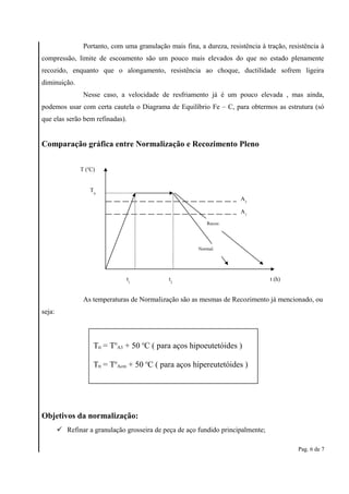 Portanto, com uma granulação mais fina, a dureza, resistência à tração, resistência à 
compressão, limite de escoamento são um pouco mais elevados do que no estado plenamente 
recozido, enquanto que o alongamento, resistência ao choque, ductilidade sofrem ligeira 
diminuição. 
Nesse caso, a velocidade de resfriamento já é um pouco elevada , mas ainda, 
podemos usar com certa cautela o Diagrama de Equilíbrio Fe – C, para obtermos as estrutura (só 
que elas serão bem refinadas). 
Comparação gráfica entre Normalização e Recozimento Pleno 
A3 
A1 
t1 t2 t (h) 
As temperaturas de Normalização são as mesmas de Recozimento já mencionado, ou 
seja: 
Objetivos da normalização: 
 Refinar a granulação grosseira de peça de aço fundido principalmente; 
Pag. 6 de 7 
Ttt = To 
A3 + 50 oC ( para aços hipoeutetóides ) 
Ttt = To 
Acm + 50 oC ( para aços hipereutetóides ) 
T (oC) 
Ttt 
Recoz. 
Normal. 
 