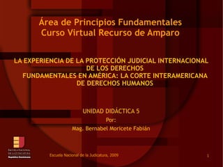 Área de Principios Fundamentales Curso Virtual Recurso de Amparo LA EXPERIENCIA DE LA PROTECCIÓN JUDICIAL INTERNACIONAL DE LOS DERECHOS FUNDAMENTALES EN AMÉRICA: LA CORTE INTERAMERICANA DE DERECHOS HUMANOS UNIDAD DIDÁCTICA 5 Por: Mag. Bernabel Moricete Fabián 