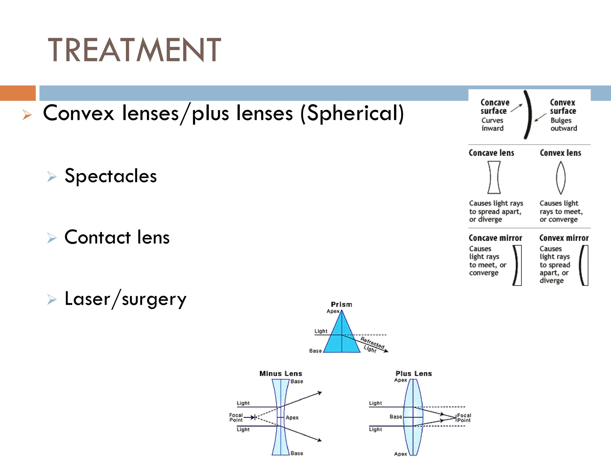 TREATMENT
 Convex lenses/plus lenses (Spherical)
 Spectacles
 Contact lens
 Laser/surgery
 