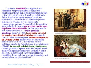 “Le terme [camarillacamarilla] est apparu sous
Ferdinand VII pour désigner le cercle des
courtisans intimes qui se réunissaient dans une
petite pièce située entre les salons publics du
Palais Royal et les appartements privés des
monarques. La camarilla est dénoncée par les
diplomates français lors de la seconde
restauration, puis par l'ensemble de l'opposition
sous Isabelle II, comme un pouvoir oculte, sansun pouvoir oculte, sans
légitimité institutionnellelégitimité institutionnelle, un lieu de scandale
aux bonnes moeurs. (…) Deux groupesDeux groupes
dominentdominent jusqu'en 1854. Le premier est celuiLe premier est celui
de la reine mère Marie-Christinede la reine mère Marie-Christine, revenue de
l'exil en 1844, de son époux, Fernando Muñoz etFernando Muñoz et
de Donoso Cortésde Donoso Cortés devenu très tôt secrétaire
particulier de la Reine. Il mêle une culture
politique proche de l'absolutisme à un affairisme
débridé. Le second, celui de François d'Assise,Le second, celui de François d'Assise,
cousin germain et époux d'Isabelle depuis 1846,
est davantage réactionnaire et clérical. À partir
de 1856, le père Claret exerce une influence
considérable sur la Reine, comme les amants qui
se succèdent auprès de celle-ci.”
Source: Jordi Canal (dir.): Histoire de l'Espagne contemporaine.
 