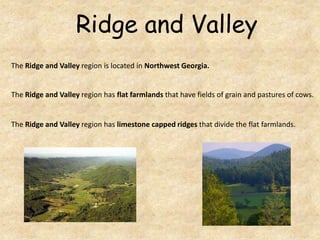 Ridge and Valley
The Ridge and Valley region is located in Northwest Georgia.

The Ridge and Valley region has flat farmla...