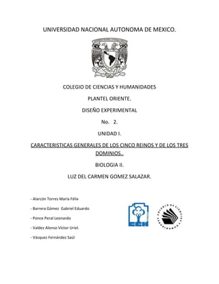 UNIVERSIDAD NACIONAL AUTONOMA DE MEXICO.




                   COLEGIO DE CIENCIAS Y HUMANIDADES

                                 PLANTEL ORIENTE.

                                DISEÑO EXPERIMENTAL

                                      No. 2.

                                     UNIDAD I.

CARACTERISTICAS GENERALES DE LOS CINCO REINOS Y DE LOS TRES
                       DOMINIOS..

                                    BIOLOGIA II.

                      LUZ DEL CARMEN GOMEZ SALAZAR.


- Alarcón Torres María Félix

- Barrera Gómez Gabriel Eduardo

- Ponce Peral Leonardo

- Valdez Alonso Víctor Uriel.

- Vásquez Fernández Saúl
 
