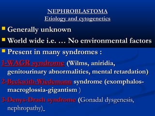 NEPHROBLASTOMANEPHROBLASTOMA
Etiology and cytogeneticsEtiology and cytogenetics
 Generally unknownGenerally unknown
 World wide i.e. … No environmental factorsWorld wide i.e. … No environmental factors
 Present in many syndromes :Present in many syndromes :
1-WAGR syndrome1-WAGR syndrome (Wilms, aniridia,(Wilms, aniridia,
genitourinary abnormalities, mental retardationgenitourinary abnormalities, mental retardation))
2-2-Beckwith-WiedemannBeckwith-Wiedemann syndrome (exomphalos-syndrome (exomphalos-
macroglossia-gigantismmacroglossia-gigantism ))
3-Denys-Drash syndrome3-Denys-Drash syndrome ((Gonadal dysgenesis,Gonadal dysgenesis,
nephropathy)nephropathy)
 