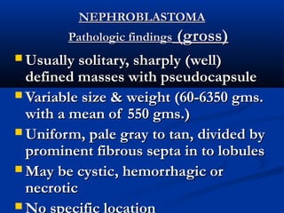 NEPHROBLASTOMANEPHROBLASTOMA
Pathologic findingsPathologic findings (gross)(gross)
 Usually solitary, sharply (well)Usually solitary, sharply (well)
defined masses with pseudocapsuledefined masses with pseudocapsule
 Variable size & weight (60-6350 gms.Variable size & weight (60-6350 gms.
with a mean of 550 gms.)with a mean of 550 gms.)
 Uniform, pale gray to tan, divided byUniform, pale gray to tan, divided by
prominent fibrous septa in to lobulesprominent fibrous septa in to lobules
 May be cystic, hemorrhagic orMay be cystic, hemorrhagic or
necroticnecrotic
 No specific location
 