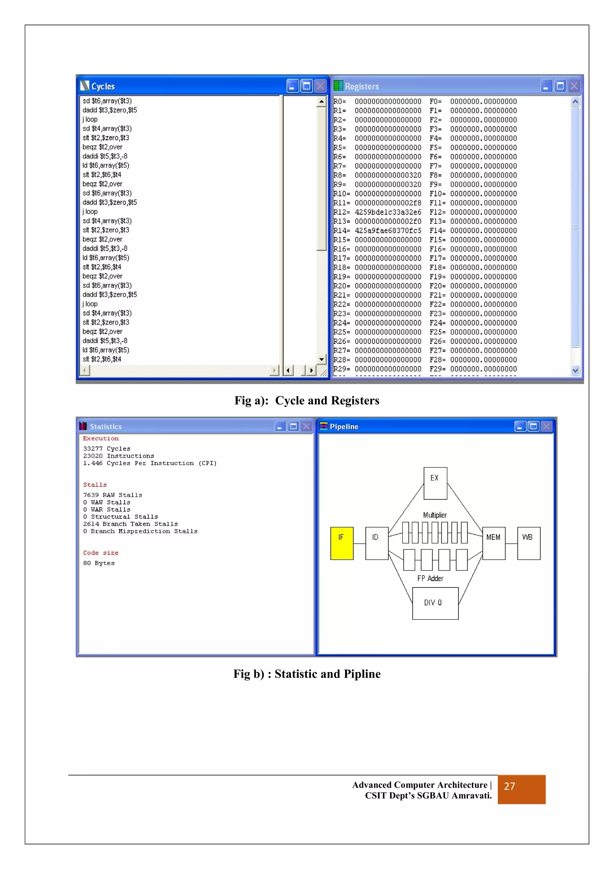 Advanced Computer Architecture |
CSIT Dept’s SGBAU Amravati.
27
Fig a): Cycle and Registers
Fig b) : Statistic and Pipline
 