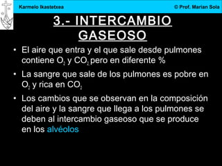 3.DBH
9
Karmelo Ikastetxea © Prof. Marian Sola
3.- INTERCAMBIO
GASEOSO
• El aire que entra y el que sale desde pulmones
contiene O2 y CO2, pero en diferente %
• La sangre que sale de los pulmones es pobre en
O2 y rica en CO2
• Los cambios que se observan en la composición
del aire y la sangre que llega a los pulmones se
deben al intercambio gaseoso que se produce
en los alvéolos
 