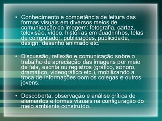 Conhecimento e competência de leitura das formas visuais em diversos meios de comunicação da imagem: fotografia, cartaz, televisão, vídeo, histórias em quadrinhos, telas de computador, publicações, publicidade, design, desenho animado etc. Discussão, reflexão e comunicação sobre o trabalho de apreciação das imagens por meio de fala, escrita ou registros (gráfico, sonoro, dramático, videográfico etc.), mobilizando a troca de informações com os colegas e outros jovens. Descoberta, observação e análise crítica de elementos e formas visuais na configuração do meio ambiente construído. 