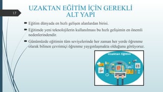 17
UZAKTAN EĞİTİM İÇİN GEREKLİ
ALT YAPI
 Eğitim dünyada en hızlı gelişen alanlardan birisi.
 Eğitimde yeni teknolojilerin kullanılması bu hızlı gelişimin en önemli
nedenlerindendir.
 Günümüzde eğitimin tüm seviyelerinde her zaman her yerde öğrenme
olarak bilinen çevrimiçi öğrenme yaygınlaşmakta olduğunu görüyoruz.
 