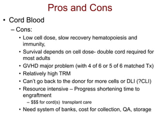 Pros and Cons
• Cord Blood
– Cons:
• Low cell dose, slow recovery hematopoiesis and
immunity,
• Survival depends on cell dose- double cord required for
most adults
• GVHD major problem (with 4 of 6 or 5 of 6 matched Tx)
• Relatively high TRM
• Can’t go back to the donor for more cells or DLI (?CLI)
• Resource intensive – Progress shortening time to
engraftment
– $$$ for cord(s) transplant care
• Need system of banks, cost for collection, QA, storage
 