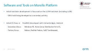 13 2019 Arm Limited
Software and Tools on Morello Platform
• Initial toolchain development is focussed on the LLVM toolchain (including LLDB)
• GNU tools being developed as a secondary activity
• Initial OS focus is FreeBSD (developed with UoCambridge), Android
• Secondary focus: Windows PE, Yocto (Linux Distribution for IoT) ,
• Tertiary focus: Debian, RedHat Fedora, SuSE Tumbleweed,
 