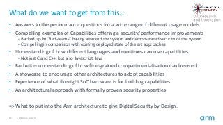 15 2019 Arm Limited
What do we want to get from this…
• Answers to the performance questions for a wide range of different usage models
• Compelling examples of Capabilities offering a security/performance improvements
• Backed up by “Red-teams” having attacked the system and demonstrated security of the system
• Compelling in comparison with existing deployed state of the art approaches
• Understanding of how different languages and run-times can use capabilities
• Not just C and C++, but also Javascript, Java
• Far better understanding of how fine-grained compartmentalisation can be used
• A showcase to encourage other architectures to adopt capabilities
• Experience of what the right SoC hardware is for building capabilities
• An architectural approach with formally proven security properties
=> What to put into the Arm architecture to give Digital Security by Design.
 