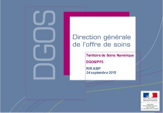Direction générale de l’offre de soins - DGOS
Territoire de Soins Numérique
DGOS/PF5
RIR ASIP
24 septembre 2015
 