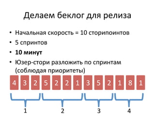 Делаем	
  беклог	
  для	
  релиза	
  
•    Начальная	
  скорость	
  =	
  10	
  сторипоинтов	
  
•    5	
  спринтов	
  
•    10	
  минут	
  
•    Юзер-­‐стори	
  разложить	
  по	
  спринтам	
  
     (соблюдая	
  приоритеты)	
  
 4	
   3	
   2	
   5	
   2	
   2	
   1	
   3	
   5	
   2	
   1	
   8	
   1	
  


        1	
                  2	
                  3	
               4	
  
 