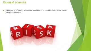 Основні поняття
 Ризик це проблема, яка ще не виникла, а проблема - це ризик, який
матеріалізувався.
 