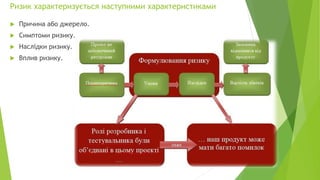 Ризик характеризується наступними характеристиками
 Причина або джерело.
 Симптоми ризику.
 Наслідки ризику.
 Вплив ризику.
 