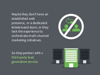 Maybe they don’t have an
established web
presence, or a dedicated
teledemand team, or they
lack the experience to
orchestrate multi-channel
marketing initiatives.
So they partner with a
third-party lead
generation service.
 
