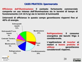 CASO PRATICO: Ipermercato Efficienza dell’illuminazione : il contesto fortemente commerciale comporta un uso intenso dell’illuminazione sia in termini di tempo di funzionamento (14-16 h/g) sia in termini di luminosità Interventi di efficienza in questo campo garantiscono risparmi fino al 40% di energia. Refrigerazione : il consumo energetico dei banchi frigo è considerevole. L’applicazione di  inverter  ai motori e  buone pratiche di utilizzo  garantiscono considerevoli risparmi. 