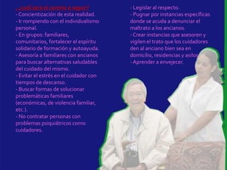 , ¿cuál será el camino a seguir?        - Legislar al respecto.
- Concientización de esta realidad.     - Pugnar por instancias específicas
- Ir rompiendo con el individualismo    donde se acuda a denunciar el
personal.                               maltrato a los ancianos.
- En grupos: familiares,                - Crear instancias que asesoren y
comunitarios, fortalecer el espíritu    vigilen el trato que los cuidadores
solidario de formación y autoayuda.     den al anciano bien sea en
- Asesoría a familiares con ancianos    domicilio, residencias y asilos.
para buscar alternativas saludables     - Aprender a envejecer.
del cuidado del mismo.
- Evitar el estrés en el cuidador con
tiempos de descanso.
- Buscar formas de solucionar
problemáticas familiares
(económicas, de violencia familiar,
etc.).
- No contratar personas con
problemas psiquiátricos como
cuidadores.
 
