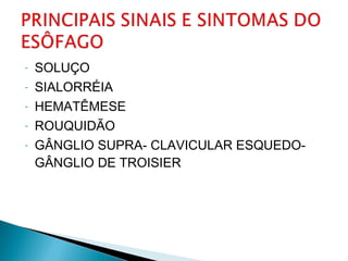 - SOLUÇO
- SIALORRÉIA
- HEMATÊMESE
- ROUQUIDÃO
- GÂNGLIO SUPRA- CLAVICULAR ESQUEDO-
GÂNGLIO DE TROISIER
 