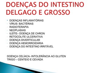  DOENÇAS INFLAMATÓRIAS
- VÍRUS- BACTÉRIAS
- RADIOTERAPIA
- NEOPLASIAS
- ILEÍTE– DOENÇA DE CHRON
- RETOCOLITE ULCERATIVA
- DOENÇA DIVERTICULAR
- DOENÇA HEMORROIDÁRIA
- DOENÇA DO INTESTINO IRRITÁVEL
DOENÇA CELÍACA- INTOLERÂNCIA AO GLUTEN
TRIGO – CENTEIO E CEVADA
 