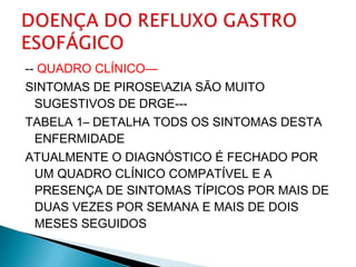 -- QUADRO CLÍNICO—
SINTOMAS DE PIROSEAZIA SÃO MUITO
SUGESTIVOS DE DRGE---
TABELA 1– DETALHA TODS OS SINTOMAS DESTA
ENFERMIDADE
ATUALMENTE O DIAGNÓSTICO É FECHADO POR
UM QUADRO CLÍNICO COMPATÍVEL E A
PRESENÇA DE SINTOMAS TÍPICOS POR MAIS DE
DUAS VEZES POR SEMANA E MAIS DE DOIS
MESES SEGUIDOS
 
