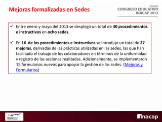 Mejoras formalizadas en Sedes
 Entre enero y mayo del 2013 se desplegó un total de 30 procedimientos
e instructivos en ocho sedes.
 En 16 de los procedimientos e instructivos se introdujo un total de 27
mejoras, derivadas de las prácticas utilizadas en las sedes, las que han
facilitado el trabajo de los colaboradores en términos de la uniformidad
y registro de las acciones realizadas. Adicionalmente, se implementaron
15 formularios nuevos para apoyar la gestión de las sedes. (Mejoras y
Formularios)

 