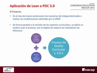 Aplicación de Lean a PDC 3.0
El Proyecto.

• En el mes de marzo comenzaron las reuniones de trabajo destinadas a
realizar las modificaciones definidas por la VRAP.
• De forma paralela a la revisión de los aspectos curriculares, se aplicó un
análisis Lean al proceso, con el objeto de mejorar los indicadores de
eficiencia.
Mejoras
bajo
enfoque
Curricular

Mejoras
con
enfoque en
Eficiencia

Proceso de
Diseño
Curricular
v. 3.0.1

 