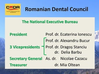Romanian Dental Council
      The National Executive Bureau

President         Prof. dr. Ecaterina Ionescu
                  Prof. dr. Alexandru Bucur
3 Vicepresidents Prof. dr. Dragoș Stanciu
                        dr. Delia Barbu
Secretary General As. dr. Nicolae Cazacu
Treasurer               dr. Mia Oltean
 
