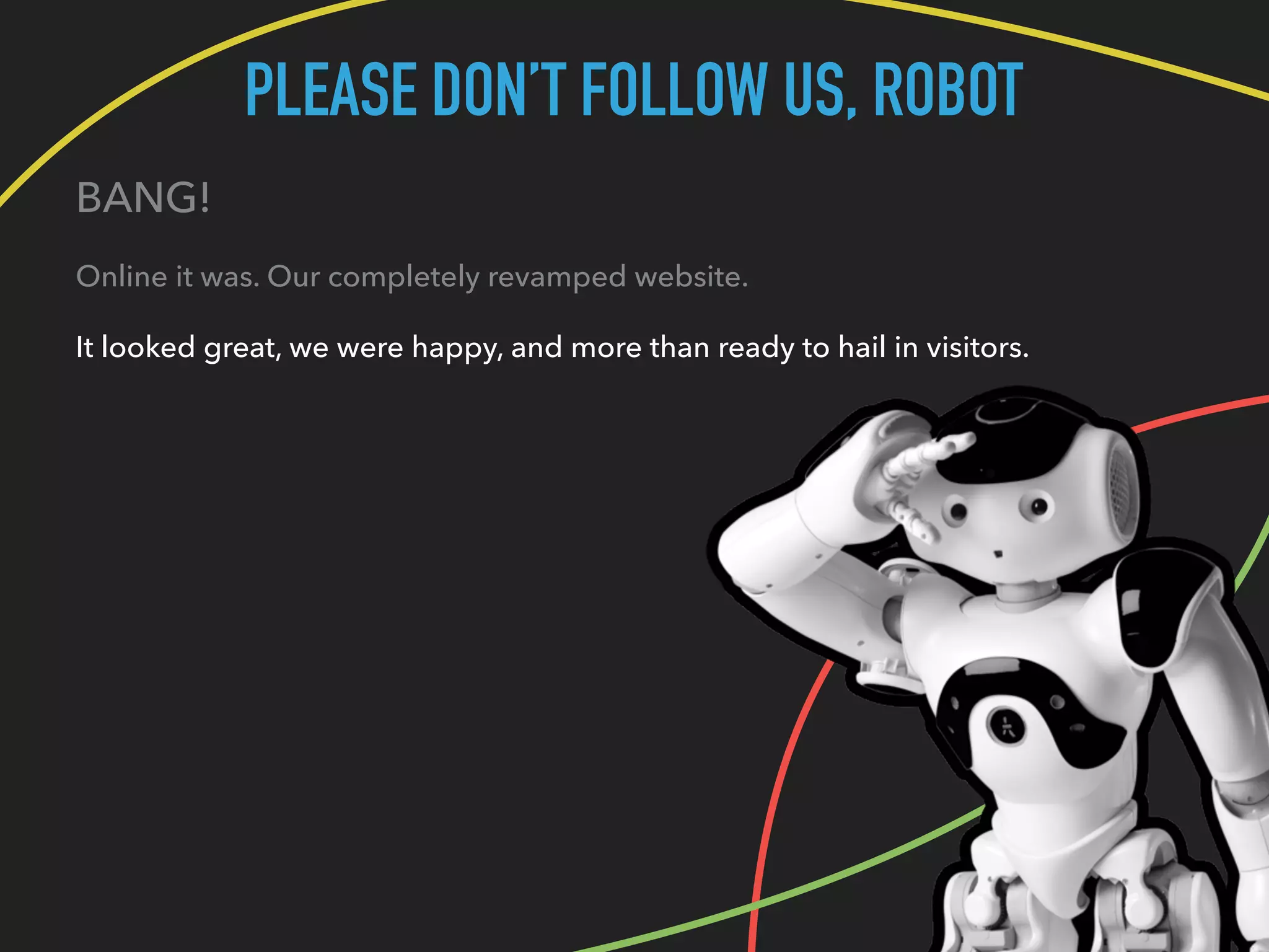 PLEASE DON’T FOLLOW US, ROBOT
BANG!
Online it was. Our completely revamped website.
It looked great, we were happy, and more than ready to hail in visitors.
 