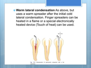  Warm lateral condensation As above, but
uses a warm spreader after the initial cold
lateral condensation. Finger spreaders can be
heated in a flame or a special electronically
heated device (Touch of heat) can be used.
 