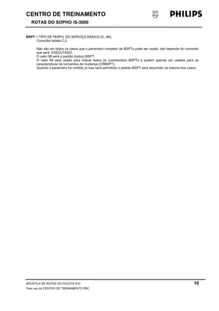 CENTRO DE TREINAMENTO 
ROTAS DO SOPHO iS-3000 
BSPT = TIPO DE PERFIL DO SERVIÇO BÁSICO (0...99). 
Consultar tabela C.2. 
Não são em todos os casos que o parametro completo de BSPTs pode ser usado; isto depende do comando 
que será EXECUTADO. 
O valor 98 será o padrão (todos) BSPT. 
O valor 99 será usado para indicar todos os (conhecidos) BSPTs e podem apenas ser usados para as 
caracteristicas de comandos de mudança (CRBSPT). 
Quando o parametro for omitido (e isso será permitido) o padrão BSPT será assumido na maioria dos casos. 
APOSTILA DE ROTAS DO PACOTE 810. 10 
Para uso do CENTRO DE TREINAMENTO PBC. 
 