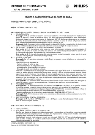 CENTRO DE TREINAMENTO 
ROTAS DO SOPHO iS-3000 
MUDAR A CARACTERISTICAS DA ROTA DE SAIDA 
CHRTCO: <ROUTE>,<OUT-OPTS>,<ATF>[,<BSPT>]; 
ROUTE = NÚMERO DA ROTA (0...254). 
OUT-OPTS = OPÇÃO DE ROTA UNIDIRECIONAL DE SAÍDA PQRST (0 = NÃO, 1 = SIM). 
P = CONEXÃO DIRETA. 
Se a opção for 1. O caminho da voz entre o chamador e o tronco selecionado é estabelecida imediatamente 
depois de discado o código de acesso à tronco e o resto dos dígitos proveniente do ramal é transferido 
diretamente para o tronco sem regeneração de dígitos pelo SOPHO. Nenhuma análise externa ou repetição 
de código de acesso é possível . Esta opção somente é possível no caso de ramais MF porque somente 
estes ramais podem transferir diretamente dígitos por um caminho de voz. 
Se a opção for 0. A discagem pelo ramal é analisada na árvore DDO (indica a característica do destino) está 
análise é feita antes de estabelecer a conexão externa. É possível repetição de código de acesso. 
Q = PROTEGIDO CONTRA INTERCALAÇÃO EM CHAMADAS DE SAÍDA. 
Se a opção for 1. A chamada de saída para uma parte externa estará protegida contra intercalação. A 
tentativa por um ramal de usuário para obter uma conexão com um ramal ocupado com o tronco resultará tom 
de intercalação inacessível. A operadora pode intercalar esta conexão. 
Se a opção for 0. A chamada de saída não estará protegida contra intercalação exceto quando o ramal 
chamador estiver protegido contra intercalação (FCM 03). 
R = BOTÃO D PERMITIDO. 
Se a opção for 1. A operadora pode usar o botão-D para re-acesar o mesma linha-tronco se a chamada for 
mal-sucedida. 
Esta opção não pode ser usada se: 
Nenhum tráfego de saída na rota. 
Rotas com repetição de código de acesso. 
Rotas sem sinal parte chamadora no gancho. 
Ocupação de saída com retardo se aplicado. 
Para usar a facilidade de anular a ocupação pela operadora, está opção deve ser 1. Se a operadora discar o 
código de acesso à tronco e não houver linhas livres, primeiro o led de congestionamento acende. Depois 
algum tempo uma linha-tronco (na condição de conversação) aparece no visor. Agora a operadora pode 
escutar esta conexão e se necessitar, liberar a parte conectada com a linha-tronco. Através do botão-D a 
linha-tronco não será liberada mas o tom de discar será enviado à operadora. A operadora pode discar para 
uma parte externa por esta linha-tronco. 
Se a opção for 0. A operadora deve liberar a linha e novamente ocupar uma outra linha pela discagem do 
código de acesso à tronco. A facilidade de anular a ocupação pela operadora não pode ser usada. 
S = TRÂNSISTO PERMITIDO. 
Se a opção for 1. A chamada de entrada por uma linha com CHRTCI - INC-OPTS, R =1 (permite trânsisto 
de entrada) pode ser transferida para um ramal ou uma operadora para uma linha de rota de saída. 
Não assistência de trânsisto também é possível para tráfego DDI-DDO. Na árvore de análise para tráfego de 
entrada o código de acesso à tronco para tronco de saída deve ser incluído. 
Para algumas situações de conferência é requerido também CHRTCG - GEN-OPTS, R = 1. 
Se a opção for 0. A linha-tronco de saída nunca (assistida ou não assistida) será conectada com uma linha-tronco 
de entrada. 
T = IDENTIFICAÇÃO DA CENTRAL DE ORIGEM. 
Se a opção for 1. A unidade SOPHO primeiro envia o DNR para a parte chamadora para o PABX oposto 
antes de enviar os dígitos normais. 
ATF = BUSCA AUTOMÁTICA DE TRONCO (0...2): 
0 = NENHUMA BUSCA. 
1 = BUSCA POR ESPERA QUANDO OCUPADO (COB). 
Significa que depois da discagem do código ce acesso à tronco embora nenhuma linha-tronco na rota está 
livre. Nenhum tom de congestionamento será dado. Os dígitos externo pode já serem discados e tão longo 
uma linha esteja disponível os dígitos serão transmitidos. 
Esta facilidade somente é oferecida para ramais com prioridade (FCM 14). ATF somente é aplicado quando 
todas as rotas na tabela de seqüência estão reconhecidadas. Quando isto é verdadeiro, a ATF estará na 
primeira rota da tabela de seqüência. 
APOSTILA DE ROTAS DO PACOTE 810. 15 
Para uso do CENTRO DE TREINAMENTO PBC. 
 