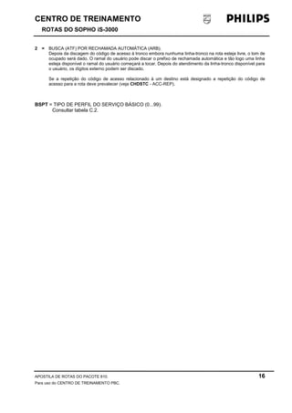 CENTRO DE TREINAMENTO 
ROTAS DO SOPHO iS-3000 
2 = BUSCA (ATF) POR RECHAMADA AUTOMÁTICA (ARB). 
Depois da discagem do código de acesso à tronco embora nunhuma linha-tronco na rota esteja livre, o tom de 
ocupado será dado. O ramal do usuário pode discar o prefixo de rechamada automática e tão logo uma linha 
esteja disponível o ramal do usuário começará a tocar. Depois do atendimento da linha-tronco disponível para 
o usuário, os dígitos externo podem ser discado. 
Se a repetição do código de acesso relacionado à um destino está designado a repetição do código de 
acesso para a rota deve prevalecer (veja CHDSTC - ACC-REP). 
BSPT = TIPO DE PERFIL DO SERVIÇO BÁSICO (0...99). 
Consultar tabela C.2. 
APOSTILA DE ROTAS DO PACOTE 810. 16 
Para uso do CENTRO DE TREINAMENTO PBC. 
 