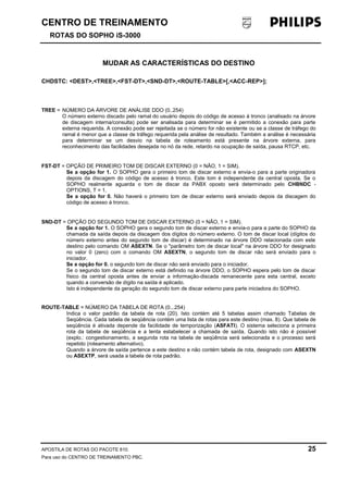 CENTRO DE TREINAMENTO 
ROTAS DO SOPHO iS-3000 
MUDAR AS CARACTERÍSTICAS DO DESTINO 
CHDSTC: <DEST>,<TREE>,<FST-DT>,<SND-DT>,<ROUTE-TABLE>[,<ACC-REP>]; 
TREE = NÚMERO DA ÁRVORE DE ANÁLISE DDO (0..254) 
O número externo discado pelo ramal do usuário depois do código de acesso à tronco (analisado na árvore 
de discagem interna/consulta) pode ser analisada para determinar se é permitido a conexão para parte 
externa requerida. A conexão pode ser rejeitada se o número for não existente ou se a classe de tráfego do 
ramal é menor que a classe de tráfego requerida pela análise de resultado. Também a análise é necessária 
para determinar se um desvio na tabela de roteamento está presente na árvore externa, para 
reconhecimento das facilidades desejada no nó da rede, retardo na ocupação de saída, pausa RTCP, etc. 
FST-DT = OPÇÃO DE PRIMEIRO TOM DE DISCAR EXTERNO (0 = NÃO, 1 = SIM). 
Se a opção for 1. O SOPHO gera o primeiro tom de discar externo e envia-o para a parte originadora 
depois da discagem do código de acesso à tronco. Este tom é independente da central oposta. Se o 
SOPHO realmente aguarda o tom de discar da PABX oposto será determinado pelo CHBNDC - 
OPTIONS, T = 1. 
Se a opção for 0. Não haverá o primeiro tom de discar externo será enviado depois da discagem do 
código de acesso à tronco. 
SND-DT = OPÇÃO DO SEGUNDO TOM DE DISCAR EXTERNO (0 = NÃO, 1 = SIM). 
Se a opção for 1. O SOPHO gera o segundo tom de discar externo e envia-o para a parte do SOPHO da 
chamada da saída depois da discagem dos dígitos do número externo. O tom de discar local (dígitos do 
número externo antes do segundo tom de discar) é determinado na árvore DDO relacionada com este 
destino pelo comando OM ASEXTN. Se o "parâmetro tom de discar local" na árvore DDO for designado 
no valor 0 (zero) com o comando OM ASEXTN, o segundo tom de discar não será enviado para o 
iniciador. 
Se a opção for 0. o segundo tom de discar não será enviado para o iniciador. 
Se o segundo tom de discar externo está definido na árvore DDO, o SOPHO espera pelo tom de discar 
físico da central oposta antes de enviar a informação-discada remanecente para esta central, exceto 
quando a conversão de dígito na saída é aplicado. 
Isto é independente da geração do segundo tom de discar externo para parte iniciadora do SOPHO. 
ROUTE-TABLE = NÚMERO DA TABELA DE ROTA (0...254) 
Indica o valor padrão da tabela de rota (20). Isto contém até 5 tabelas assim chamado Tabelas de 
Seqüência. Cada tabela de seqüência contém uma lista de rotas para este destino (max. 8). Que tabela de 
seqüência é ativada depende da facilidade de temporização (ASFATI). O sistema seleciona a primeira 
rota da tabela de seqüência e a tenta estabelecer a chamada de saída. Quando isto não é possível 
(explo.: congestionamento, a segunda rota na tabela de seqüência será selecionada e o processo será 
repetido (roteamento alternativo). 
Quando a árvore de saída pertence a este destino e não contém tabela de rota, designado com ASEXTN 
ou ASEXTP, será usada a tabela de rota padrão. 
APOSTILA DE ROTAS DO PACOTE 810. 25 
Para uso do CENTRO DE TREINAMENTO PBC. 
 