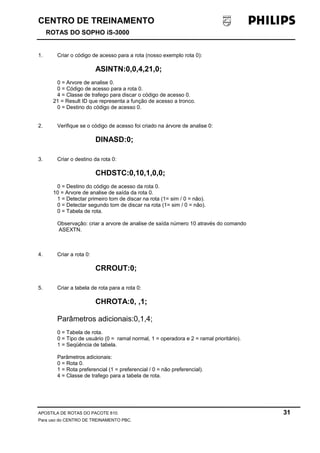 CENTRO DE TREINAMENTO 
ROTAS DO SOPHO iS-3000 
1. Criar o código de acesso para a rota (nosso exemplo rota 0): 
ASINTN:0,0,4,21,0; 
0 = Arvore de analise 0. 
0 = Código de acesso para a rota 0. 
4 = Classe de trafego para discar o código de acesso 0. 
21 = Result ID que representa a função de acesso a tronco. 
0 = Destino do código de acesso 0. 
2. Verifique se o código de acesso foi criado na árvore de analise 0: 
DINASD:0; 
3. Criar o destino da rota 0: 
CHDSTC:0,10,1,0,0; 
0 = Destino do código de acesso da rota 0. 
10 = Arvore de analise de saída da rota 0. 
1 = Detectar primeiro tom de discar na rota (1= sim / 0 = não). 
0 = Detectar segundo tom de discar na rota (1= sim / 0 = não). 
0 = Tabela de rota. 
Observação: criar a arvore de analise de saída número 10 através do comando 
ASEXTN. 
4. Criar a rota 0: 
CRROUT:0; 
5. Criar a tabela de rota para a rota 0: 
CHROTA:0, ,1; 
Parâmetros adicionais:0,1,4; 
0 = Tabela de rota. 
0 = Tipo de usuário (0 = ramal normal, 1 = operadora e 2 = ramal prioritário). 
1 = Seqüência de tabela. 
Parâmetros adicionais: 
0 = Rota 0. 
1 = Rota preferencial (1 = preferencial / 0 = não preferencial). 
4 = Classe de trafego para a tabela de rota. 
APOSTILA DE ROTAS DO PACOTE 810. 31 
Para uso do CENTRO DE TREINAMENTO PBC. 
 