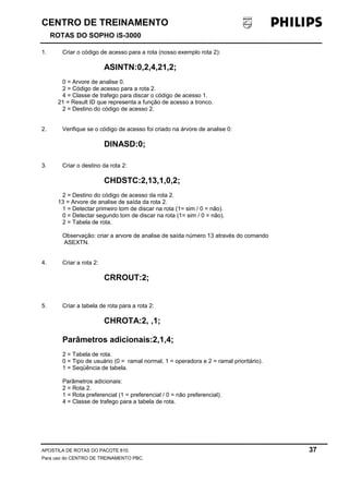 CENTRO DE TREINAMENTO 
ROTAS DO SOPHO iS-3000 
1. Criar o código de acesso para a rota (nosso exemplo rota 2): 
ASINTN:0,2,4,21,2; 
0 = Arvore de analise 0. 
2 = Código de acesso para a rota 2. 
4 = Classe de trafego para discar o código de acesso 1. 
21 = Result ID que representa a função de acesso a tronco. 
2 = Destino do código de acesso 2. 
2. Verifique se o código de acesso foi criado na árvore de analise 0: 
DINASD:0; 
3. Criar o destino da rota 2: 
CHDSTC:2,13,1,0,2; 
2 = Destino do código de acesso da rota 2. 
13 = Arvore de analise de saída da rota 2. 
1 = Detectar primeiro tom de discar na rota (1= sim / 0 = não). 
0 = Detectar segundo tom de discar na rota (1= sim / 0 = não). 
2 = Tabela de rota. 
Observação: criar a arvore de analise de saída número 13 através do comando 
ASEXTN. 
4. Criar a rota 2: 
CRROUT:2; 
5. Criar a tabela de rota para a rota 2: 
CHROTA:2, ,1; 
Parâmetros adicionais:2,1,4; 
2 = Tabela de rota. 
0 = Tipo de usuário (0 = ramal normal, 1 = operadora e 2 = ramal prioritário). 
1 = Seqüência de tabela. 
Parâmetros adicionais: 
2 = Rota 2. 
1 = Rota preferencial (1 = preferencial / 0 = não preferencial). 
4 = Classe de trafego para a tabela de rota. 
APOSTILA DE ROTAS DO PACOTE 810. 37 
Para uso do CENTRO DE TREINAMENTO PBC. 
 