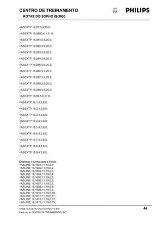 CENTRO DE TREINAMENTO 
ROTAS DO SOPHO iS-3000 
<ASEXTP:16,07,5,9,20,0; 
,1; 
<ASEXTP:16,0800,4,1,11,0; 
,1; 
<ASEXTP:16,081,5,9,20,0; 
,1; 
<ASEXTP:16,082,5,9,20,0; 
,1; 
<ASEXTP:16,083,5,9,20,0; 
,1; 
<ASEXTP:16,084,5,9,20,0; 
,1; 
<ASEXTP:16,085,5,9,20,0; 
,1; 
<ASEXTP:16,086,5,9,20,0; 
,1; 
<ASEXTP:16,087,5,9,20,0; 
,1; 
<ASEXTP:16,088,5,9,20,0; 
,1; 
<ASEXTP:16,089,5,9,20,0; 
,1; 
<ASEXTP:16,09,5,9,11,0; 
,1; 
<ASEXTP:16,1,4,3,8,0; 
,1; 
<ASEXTP:16,2,4,3,8,0; 
,1; 
<ASEXTP:16,3,4,3,8,0; 
,1; 
<ASEXTP:16,4,4,3,8,0; 
,1; 
<ASEXTP:16,5,4,3,8,0; 
,1; 
<ASEXTP:16,6,4,3,8,0; 
,1; 
<ASEXTP:16,7,4,3,8,0; 
,1; 
<ASEXTP:16,8,4,3,8,0; 
,1; 
<ASEXTP:16,9,4,3,8,0; 
,1; 
Designar a Linha para o Feixe. 
<ASLINE:16,1601,11,19,0,1; 
<ASLINE:16,1602,11,19,0,2; 
<ASLINE:16,1603,11,19,0,3; 
<ASLINE:16,1604,11,19,0,4; 
<ASLINE:16,1605,11,19,0,5; 
<ASLINE:16,1606,11,19,0,6; 
<ASLINE:16,1607,11,19,0,7; 
<ASLINE:16,1608,11,19,0,8; 
<ASLINE:16,1609,11,19,0,9; 
<ASLINE:16,1610,11,19,0,10; 
<ASLINE:16,1611,11,19,0,11; 
<ASLINE:16,1612,11,19,0,12; 
<ASLINE:16,1613,11,19,0,13; 
APOSTILA DE ROTAS DO PACOTE 810. 44 
Para uso do CENTRO DE TREINAMENTO PBC. 
 
