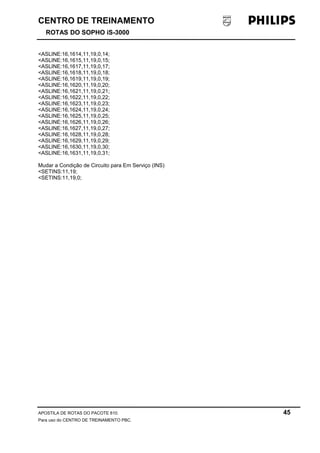 CENTRO DE TREINAMENTO 
ROTAS DO SOPHO iS-3000 
<ASLINE:16,1614,11,19,0,14; 
<ASLINE:16,1615,11,19,0,15; 
<ASLINE:16,1617,11,19,0,17; 
<ASLINE:16,1618,11,19,0,18; 
<ASLINE:16,1619,11,19,0,19; 
<ASLINE:16,1620,11,19,0,20; 
<ASLINE:16,1621,11,19,0,21; 
<ASLINE:16,1622,11,19,0,22; 
<ASLINE:16,1623,11,19,0,23; 
<ASLINE:16,1624,11,19,0,24; 
<ASLINE:16,1625,11,19,0,25; 
<ASLINE:16,1626,11,19,0,26; 
<ASLINE:16,1627,11,19,0,27; 
<ASLINE:16,1628,11,19,0,28; 
<ASLINE:16,1629,11,19,0,29; 
<ASLINE:16,1630,11,19,0,30; 
<ASLINE:16,1631,11,19,0,31; 
Mudar a Condição de Circuito para Em Serviço (INS) 
<SETINS:11,19; 
<SETINS:11,19,0; 
APOSTILA DE ROTAS DO PACOTE 810. 45 
Para uso do CENTRO DE TREINAMENTO PBC. 
 