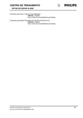CENTRO DE TREINAMENTO 
ROTAS DO SOPHO iS-3000 
Comandos para Criar o Valor de Compatibilidade: 
CRCVAL -S32000 
Criar o Valor de Compatibilidade para Dados 
Comandos para Mudar Permissão de Conexão dos Pares de Cv: 
CHCVCA -S32020 
Criar o Valor de Compatibilidade para Dados 
APOSTILA DE ROTAS DO PACOTE 810. 5 
Para uso do CENTRO DE TREINAMENTO PBC. 
 