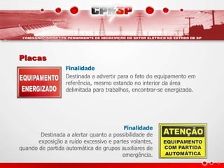 Placas
Finalidade
Destinada a advertir para o fato do equipamento em
referência, mesmo estando no interior da área
delimitada para trabalhos, encontrar-se energizado.
Finalidade
Destinada a alertar quanto a possibilidade de
exposição a ruído excessivo e partes volantes,
quando de partida automática de grupos auxiliares de
emergência.
 
