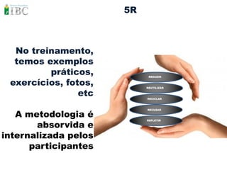 5R



  No treinamento,
  temos exemplos
         práticos,          REDUZIR


 exercícios, fotos,        REUTILIZAR

                etc        RECICLAR




   A metodologia é
                           RECUSAR




       absorvida e
                           REFLETIR




internalizada pelos
      participantes
 
