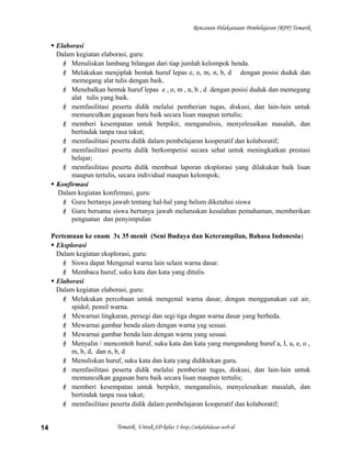 Rencanan Pelaksanaan Pembelajaran (RPP) Tematik
 Elaborasi
Dalam kegiatan elaborasi, guru:
 Menuliskan lambang bilangan dari tiap jumlah kelompok benda.
 Melakukan menjiplak bentuk huruf lepas e, o, m, n, b, d dengan posisi duduk dan
memegang alat tulis dengan baik.
 Menebalkan bentuk huruf lepas e , o, m , n, b , d dengan posisi duduk dan memegang
alat tulis yang baik.
 memfasilitasi peserta didik melalui pemberian tugas, diskusi, dan lain-lain untuk
memunculkan gagasan baru baik secara lisan maupun tertulis;
 memberi kesempatan untuk berpikir, menganalisis, menyelesaikan masalah, dan
bertindak tanpa rasa takut;
 memfasilitasi peserta didik dalam pembelajaran kooperatif dan kolaboratif;
 memfasilitasi peserta didik berkompetisi secara sehat untuk meningkatkan prestasi
belajar;
 memfasilitasi peserta didik membuat laporan eksplorasi yang dilakukan baik lisan
maupun tertulis, secara individual maupun kelompok;
 Konfirmasi
Dalam kegiatan konfirmasi, guru:
 Guru bertanya jawab tentang hal-hal yang belum diketahui siswa
 Guru bersama siswa bertanya jawab meluruskan kesalahan pemahaman, memberikan
penguatan dan penyimpulan
Pertemuan ke enam 3x 35 menit (Seni Budaya dan Keterampilan, Bahasa Indonesia)
 Eksplorasi
Dalam kegiatan eksplorasi, guru:
 Siswa dapat Mengenal warna lain selain warna dasar.
 Membaca huruf, suku kata dan kata yang ditulis.
 Elaborasi
Dalam kegiatan elaborasi, guru:
 Melakukan percobaan untuk mengenal warna dasar, dengan menggunakan cat air,
spidol, pensil warna.
 Mewarnai lingkaran, persegi dan segi tiga dngan warna dasar yang berbeda.
 Mewarnai gambar benda alam dengan warna yag sesuai.
 Mewarnai gambar benda lain dengan warna yang sesuai.
 Menyalin / mencontoh huruf, suku kata dan kata yang mengandung huruf a, I, u, e, o ,
m, b, d, dan n, b, d
 Menuliskan huruf, suku kata dan kata yang didiktekan guru.
 memfasilitasi peserta didik melalui pemberian tugas, diskusi, dan lain-lain untuk
memunculkan gagasan baru baik secara lisan maupun tertulis;
 memberi kesempatan untuk berpikir, menganalisis, menyelesaikan masalah, dan
bertindak tanpa rasa takut;
 memfasilitasi peserta didik dalam pembelajaran kooperatif dan kolaboratif;
Tematik Untuk SD kelas 1 http://sekolahdasar.web.id14
 