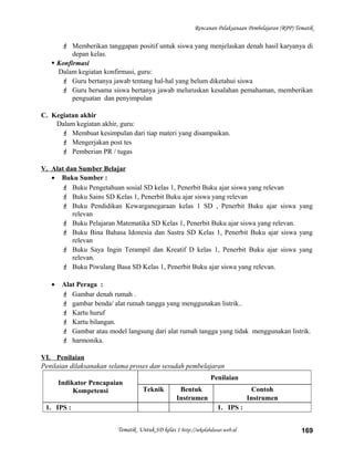 Rencanan Pelaksanaan Pembelajaran (RPP) Tematik
 Memberikan tanggapan positif untuk siswa yang menjelaskan denah hasil karyanya di
depan kelas.
 Konfirmasi
Dalam kegiatan konfirmasi, guru:
 Guru bertanya jawab tentang hal-hal yang belum diketahui siswa
 Guru bersama siswa bertanya jawab meluruskan kesalahan pemahaman, memberikan
penguatan dan penyimpulan
C. Kegiatan akhir
Dalam kegiatan akhir, guru:
 Membuat kesimpulan dari tiap materi yang disampaikan.
 Mengerjakan post tes
 Pemberian PR / tugas
V. Alat dan Sumber Belajar
• Buku Sumber :
 Buku Pengetahuan sosial SD kelas 1, Penerbit Buku ajar siswa yang relevan
 Buku Sains SD Kelas 1, Penerbit Buku ajar siswa yang relevan
 Buku Pendidikan Kewarganegaraan kelas 1 SD , Penerbit Buku ajar siswa yang
relevan
 Buku Pelajaran Matematika SD Kelas 1, Penerbit Buku ajar siswa yang relevan.
 Buku Bina Bahasa Idonesia dan Sastra SD Kelas 1, Penerbit Buku ajar siswa yang
relevan
 Buku Saya Ingin Terampil dan Kreatif D kelas 1, Penerbit Buku ajar siswa yang
relevan.
 Buku Piwulang Basa SD Kelas 1, Penerbit Buku ajar siswa yang relevan.
• Alat Peraga :
 Gambar denah rumah .
 gambar benda/ alat rumah tangga yang menggunakan listrik..
 Kartu huruf
 Kartu bilangan.
 Gambar atau model langsung dari alat rumah tangga yang tidak menggunakan listrik.
 harmonika.
VI. Penilaian
Penilaian dilaksanakan selama proses dan sesudah pembelajaran
Indikator Pencapaian
Kompetensi
Penilaian
Teknik Bentuk
Instrumen
Contoh
Instrumen
1. IPS : 1. IPS :
Tematik Untuk SD kelas 1 http://sekolahdasar.web.id 169
 